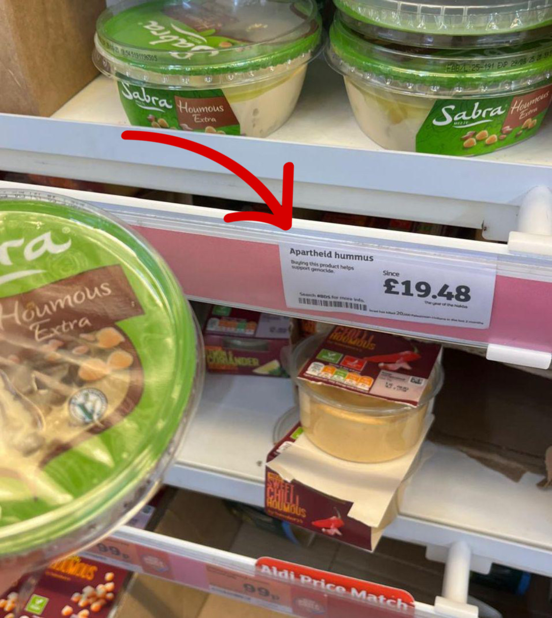Sainsbury's Swansea antisemitic vandalism August 9 2025 - Fake Apartheid Hummus label showing £19.48 propaganda price targeting Sabra hummus products